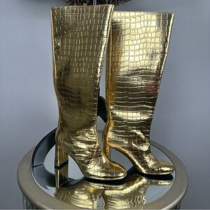 ZARA Gold Metallic Croc Embossed Heel Boots Womens US 7.5 Statement Holiday NEW